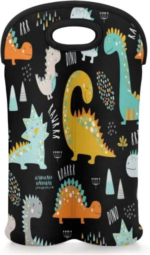 2 Bottle Wine Carrier Tote Bag Dinosaur Encyclopedia Insulated Neoprene Portable Bottle Holder Great Gift for Wine Lover, Great for Picnics Travel BYOB, Outdoor Entertaining