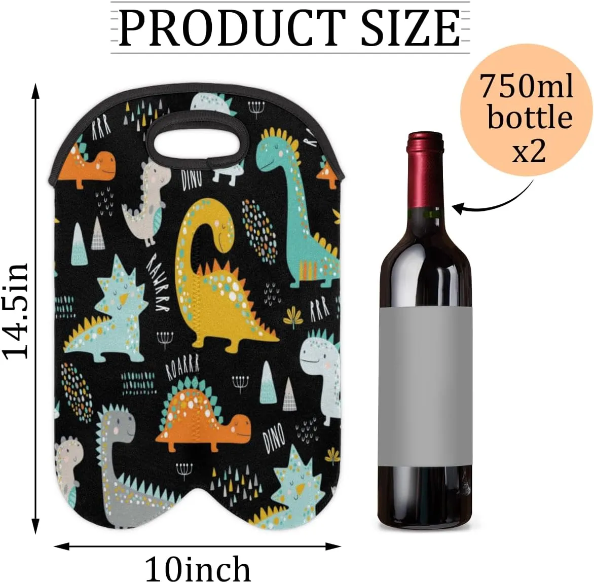 2 Bottle Wine Carrier Tote Bag Dinosaur Encyclopedia Insulated Neoprene Portable Bottle Holder Great Gift for Wine Lover, Great for Picnics Travel BYOB, Outdoor Entertaining