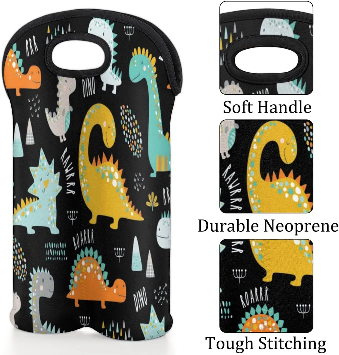 2 Bottle Wine Carrier Tote Bag Dinosaur Encyclopedia Insulated Neoprene Portable Bottle Holder Great Gift for Wine Lover, Great for Picnics Travel BYOB, Outdoor Entertaining