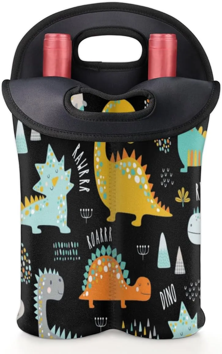 2 Bottle Wine Carrier Tote Bag Dinosaur Encyclopedia Insulated Neoprene Portable Bottle Holder Great Gift for Wine Lover, Great for Picnics Travel BYOB, Outdoor Entertaining