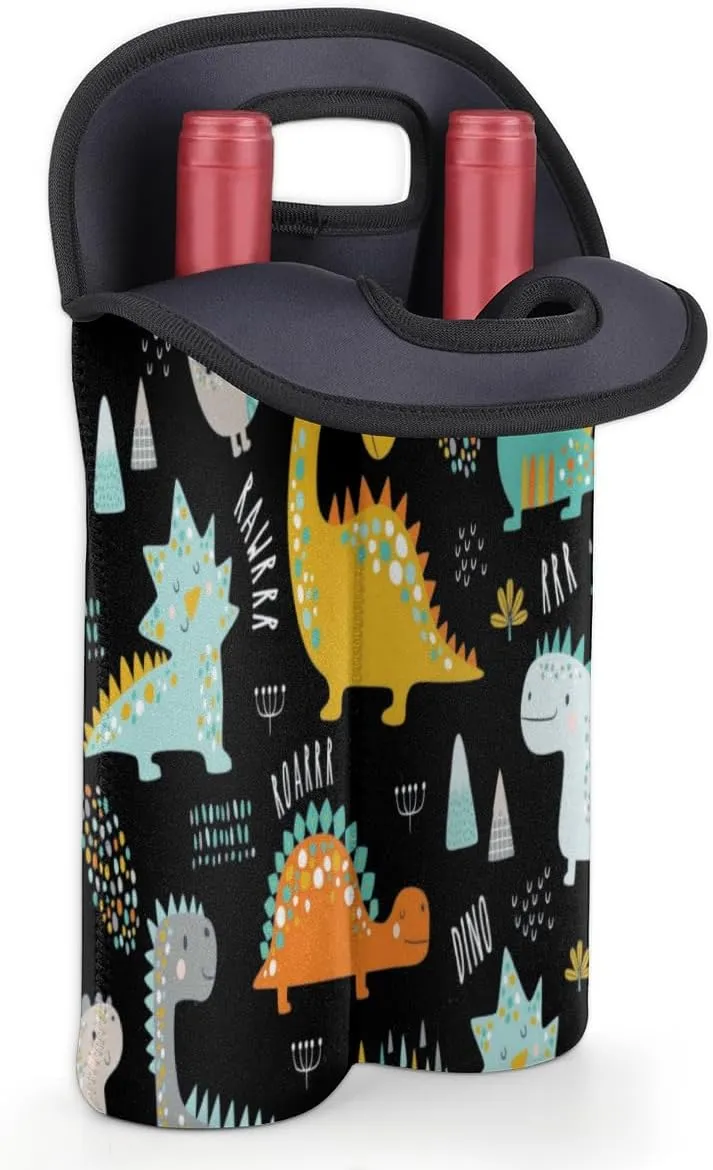 2 Bottle Wine Carrier Tote Bag Dinosaur Encyclopedia Insulated Neoprene Portable Bottle Holder Great Gift for Wine Lover, Great for Picnics Travel BYOB, Outdoor Entertaining
