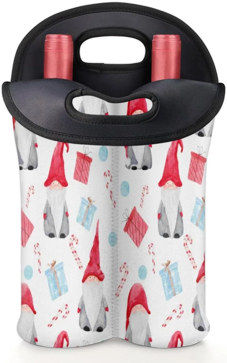 2 Bottle Wine Carrier Tote Bag Dwarf Christmas Insulated Neoprene Portable Bottle Holder Great Gift for Wine Lover, Great for Picnics Travel BYOB, Outdoor Entertaining