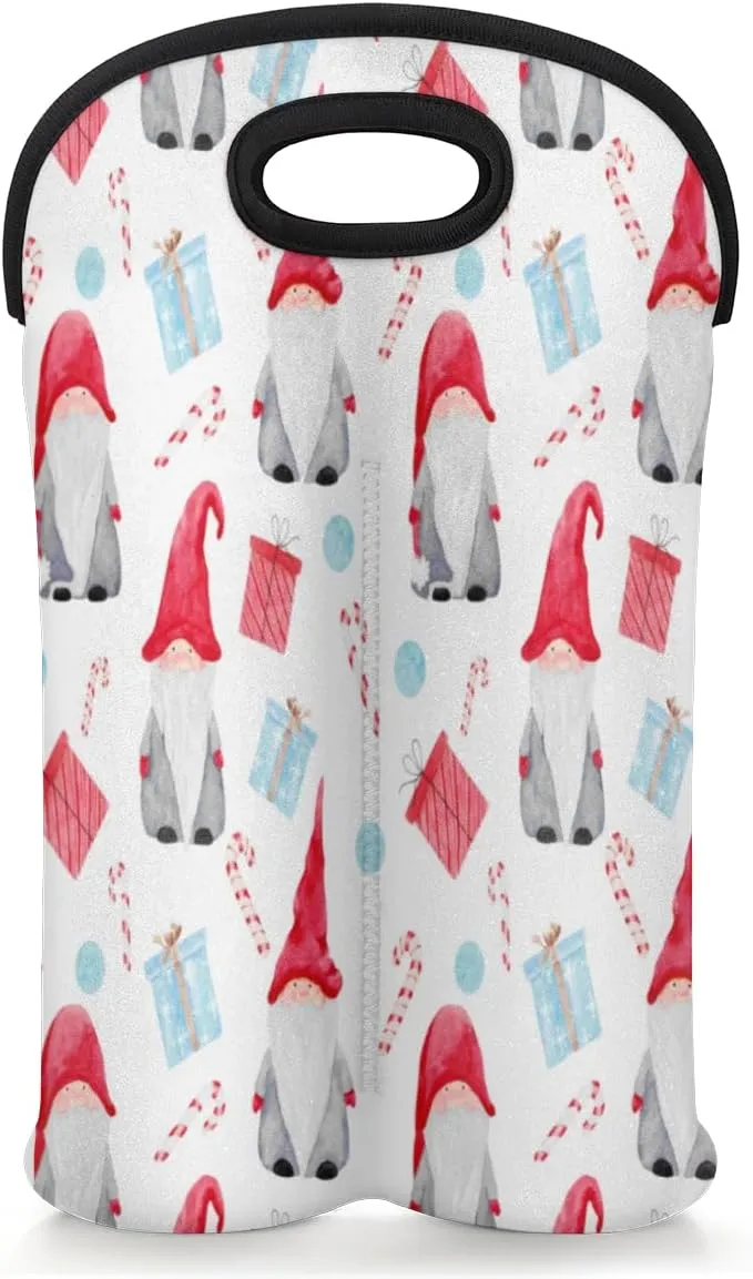 2 Bottle Wine Carrier Tote Bag Dwarf Christmas Insulated Neoprene Portable Bottle Holder Great Gift for Wine Lover, Great for Picnics Travel BYOB, Outdoor Entertaining