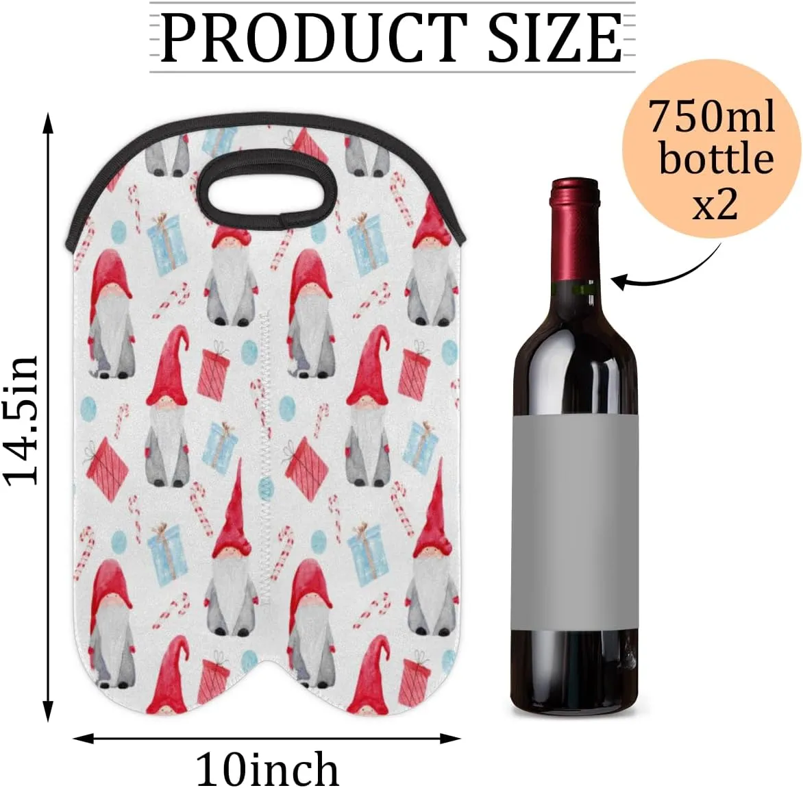 2 Bottle Wine Carrier Tote Bag Dwarf Christmas Insulated Neoprene Portable Bottle Holder Great Gift for Wine Lover, Great for Picnics Travel BYOB, Outdoor Entertaining