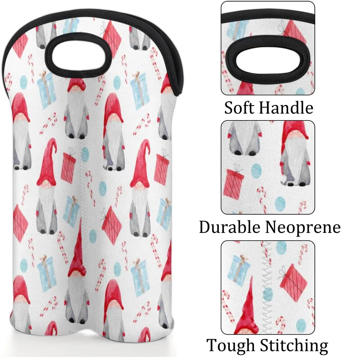 2 Bottle Wine Carrier Tote Bag Dwarf Christmas Insulated Neoprene Portable Bottle Holder Great Gift for Wine Lover, Great for Picnics Travel BYOB, Outdoor Entertaining
