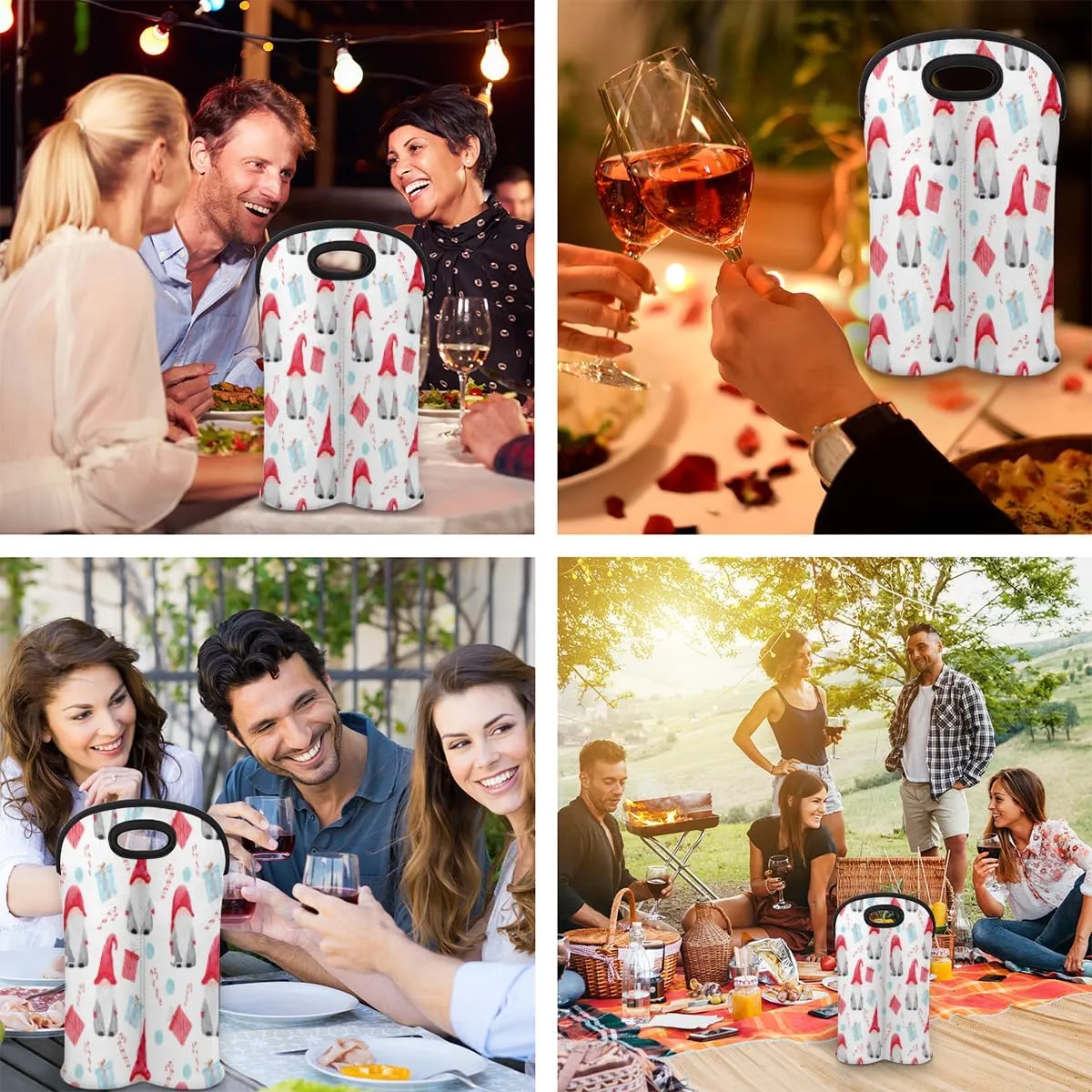 2 Bottle Wine Carrier Tote Bag Dwarf Christmas Insulated Neoprene Portable Bottle Holder Great Gift for Wine Lover, Great for Picnics Travel BYOB, Outdoor Entertaining