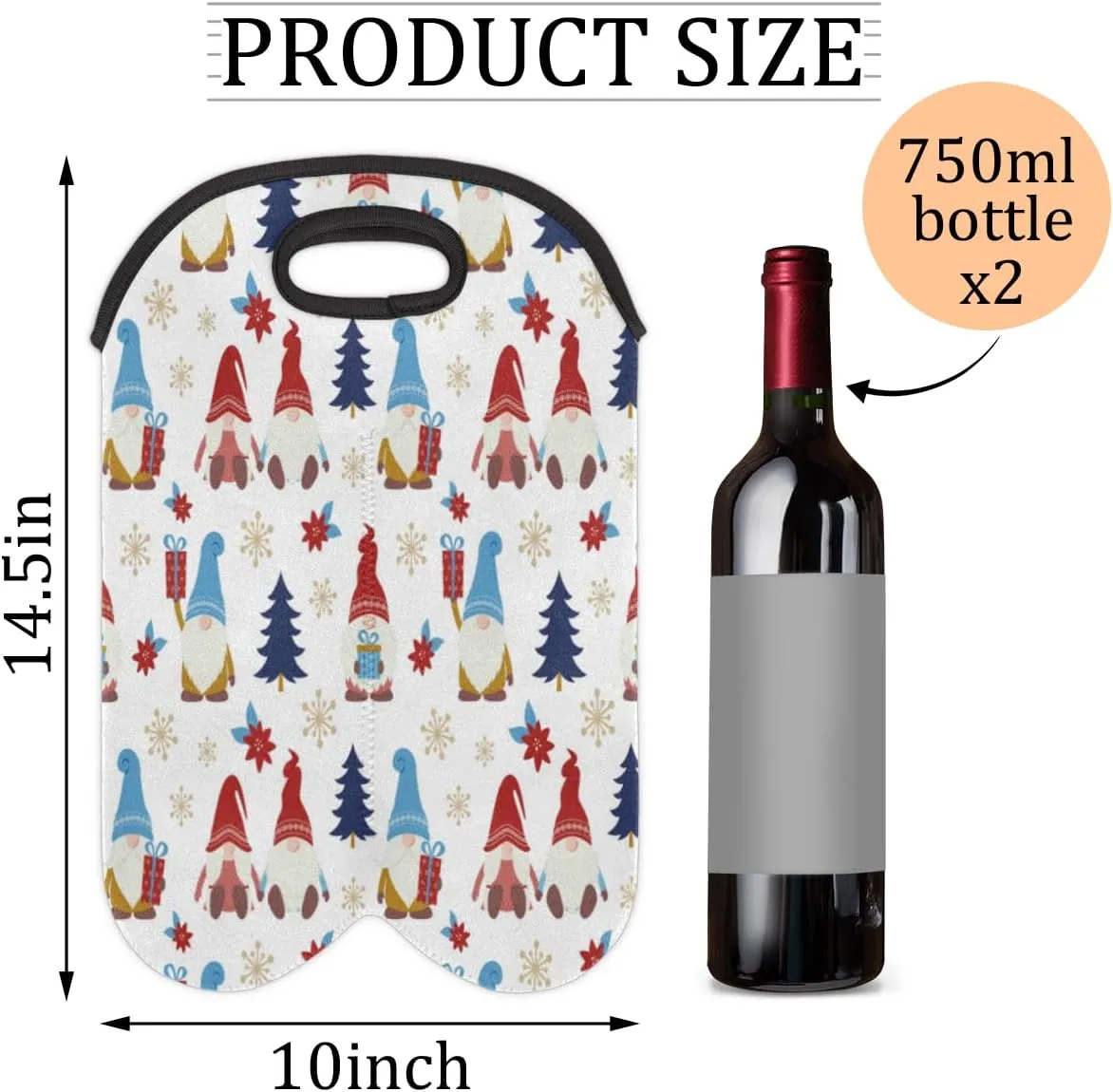 2 Bottle Wine Carrier Tote Bag Dwarf Christmas Tree Insulated Neoprene Portable Bottle Holder Great Gift for Wine Lover, Great for Picnics Travel BYOB, Outdoor Entertaining