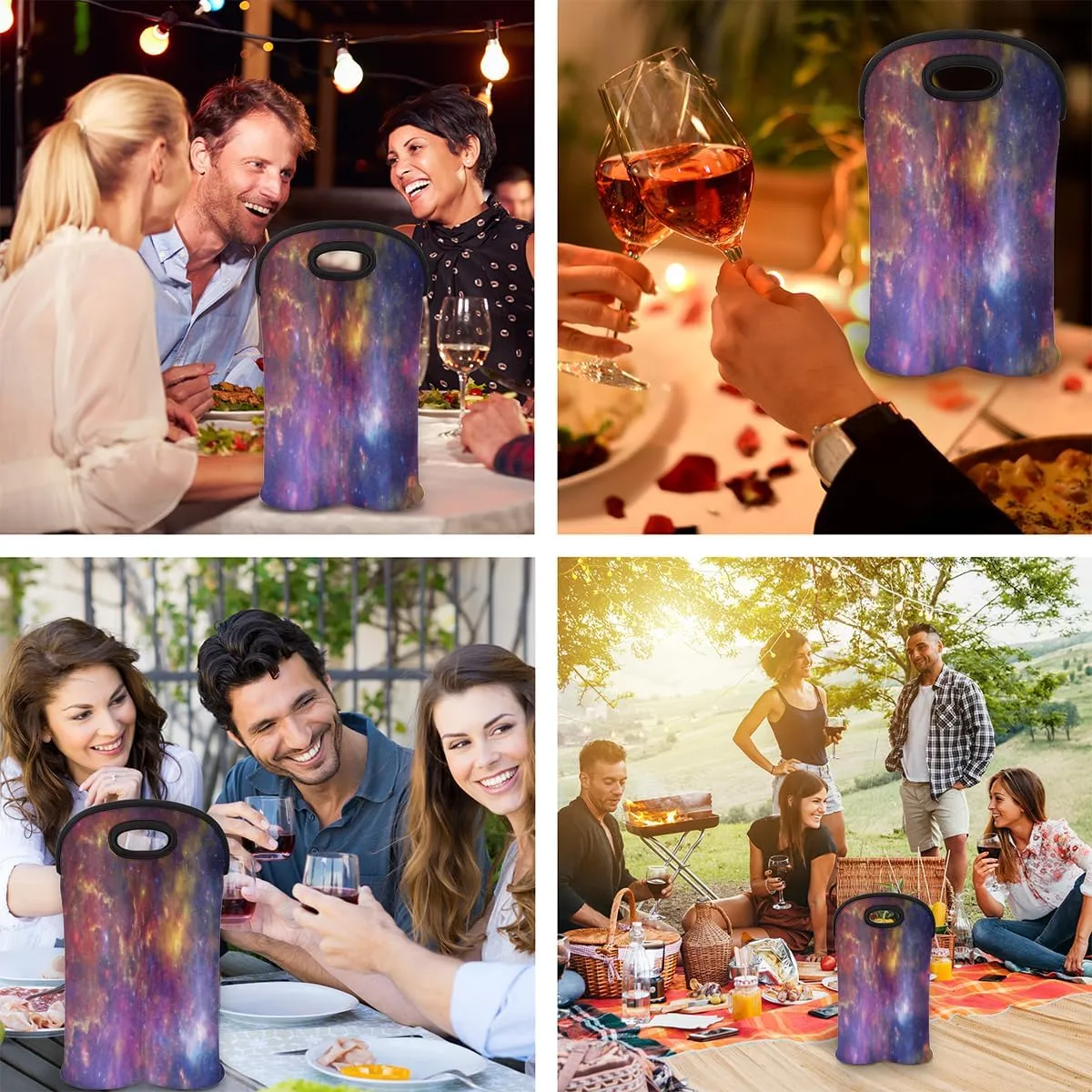 2 Bottle Wine Carrier Tote Bag Elliptical Galaxies Insulated Neoprene Portable Bottle Holder Great Gift for Wine Lover, Great for Picnics Travel BYOB, Outdoor Entertaining