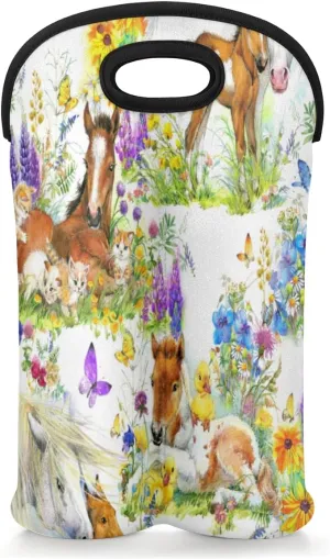 2 Bottle Wine Carrier Tote Bag Flower Pony Insulated Neoprene Portable Bottle Holder Great Gift for Wine Lover, Great for Picnics Travel BYOB, Outdoor Entertaining