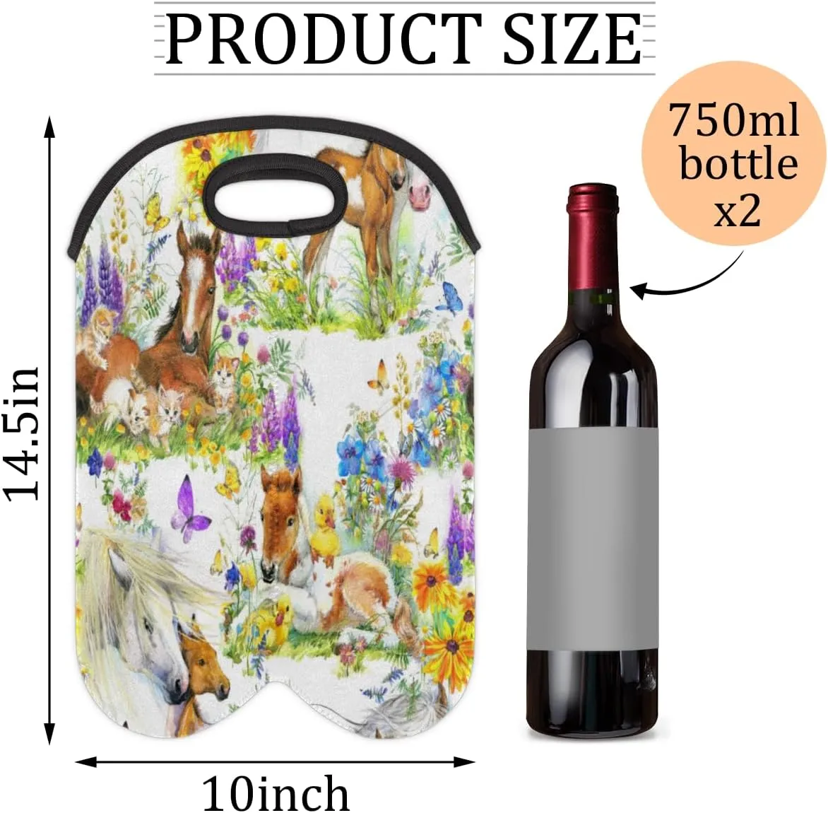 2 Bottle Wine Carrier Tote Bag Flower Pony Insulated Neoprene Portable Bottle Holder Great Gift for Wine Lover, Great for Picnics Travel BYOB, Outdoor Entertaining