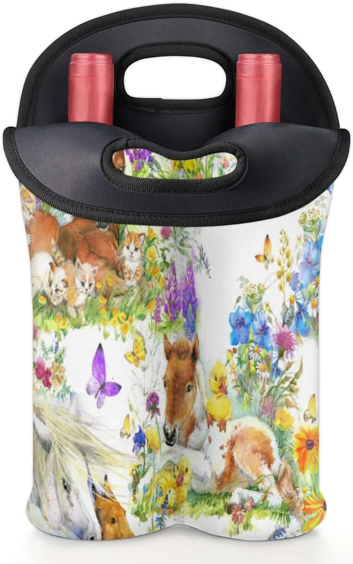 2 Bottle Wine Carrier Tote Bag Flower Pony Insulated Neoprene Portable Bottle Holder Great Gift for Wine Lover, Great for Picnics Travel BYOB, Outdoor Entertaining