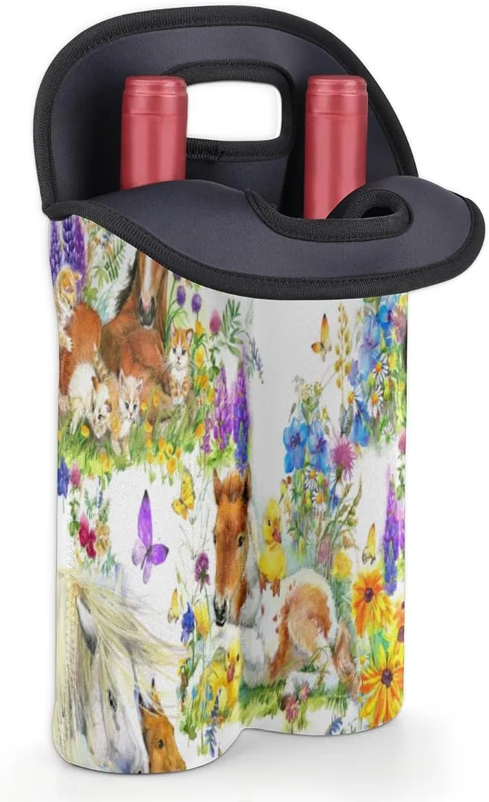 2 Bottle Wine Carrier Tote Bag Flower Pony Insulated Neoprene Portable Bottle Holder Great Gift for Wine Lover, Great for Picnics Travel BYOB, Outdoor Entertaining