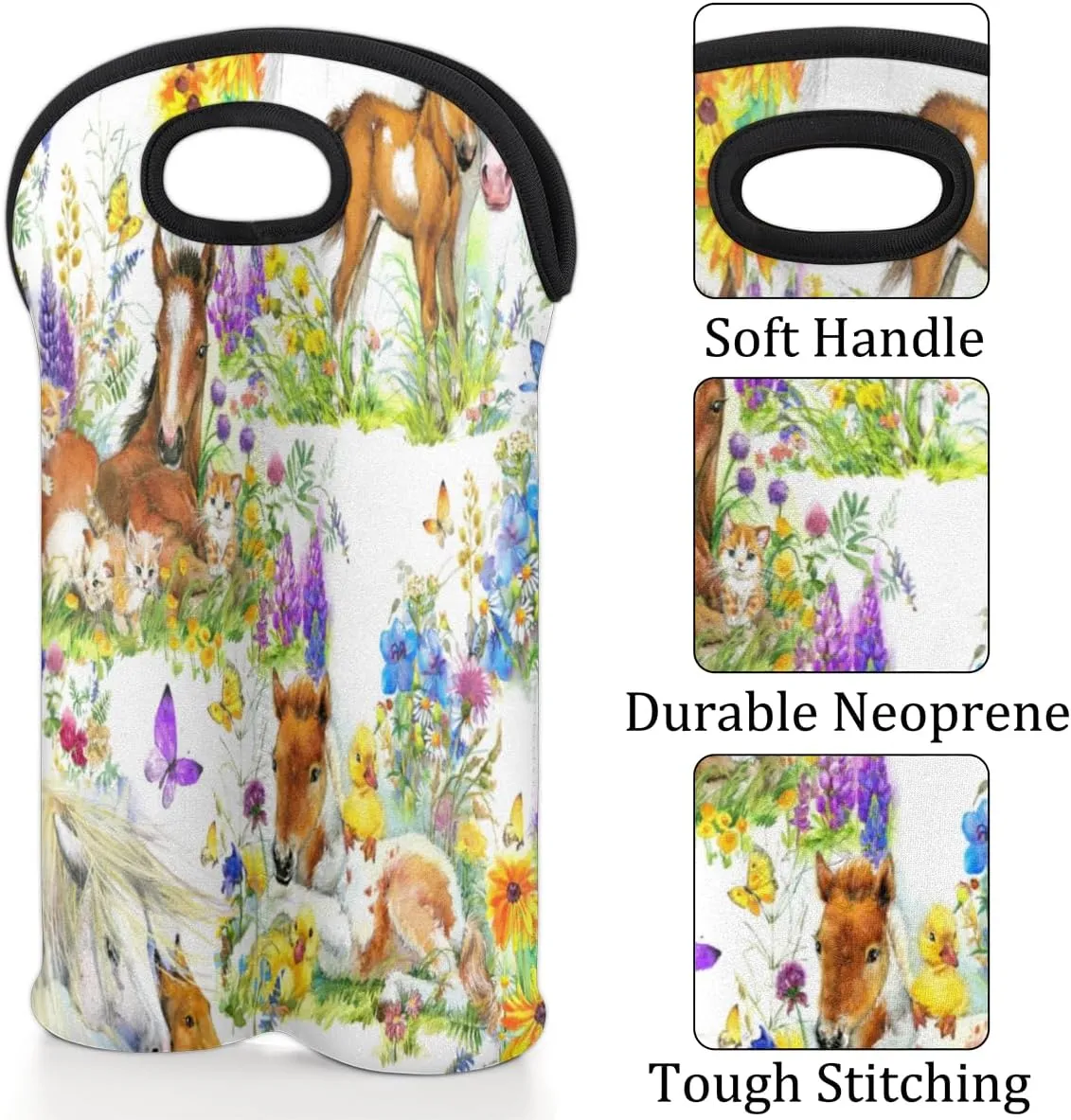 2 Bottle Wine Carrier Tote Bag Flower Pony Insulated Neoprene Portable Bottle Holder Great Gift for Wine Lover, Great for Picnics Travel BYOB, Outdoor Entertaining