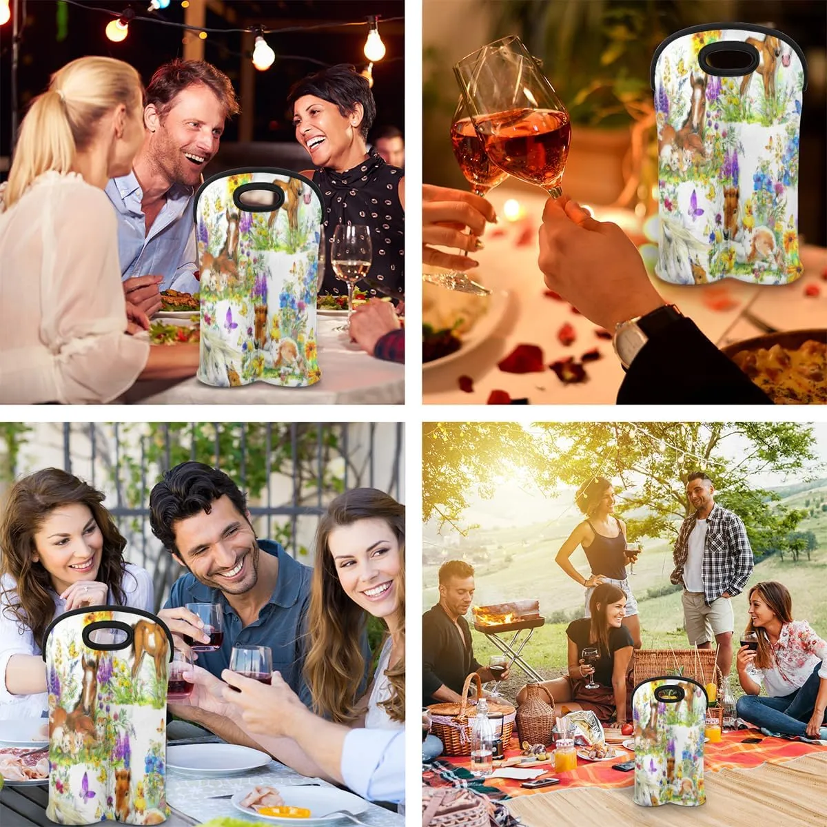 2 Bottle Wine Carrier Tote Bag Flower Pony Insulated Neoprene Portable Bottle Holder Great Gift for Wine Lover, Great for Picnics Travel BYOB, Outdoor Entertaining