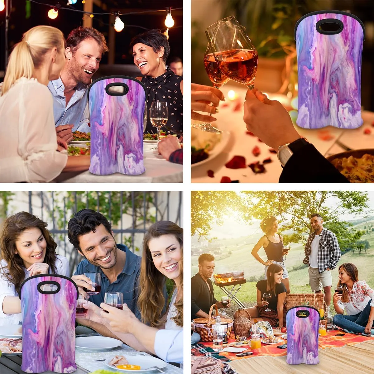 2 Bottle Wine Carrier Tote Bag Gradient Meteorite Texture Insulated Neoprene Portable Bottle Holder Great Gift for Wine Lover, Great for Picnics Travel BYOB, Outdoor Entertaining