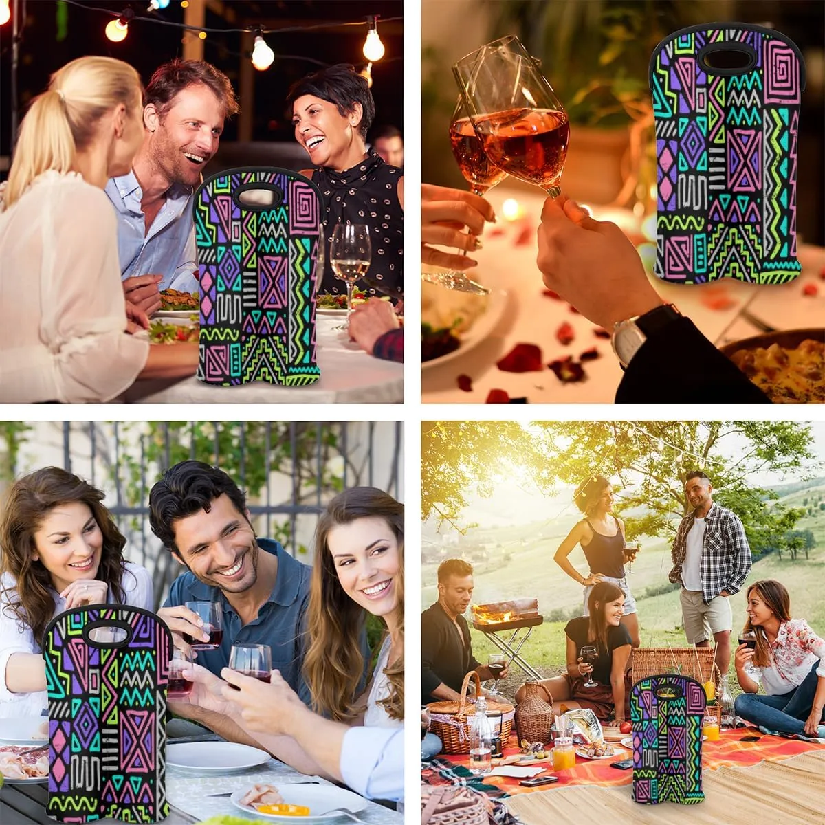2 Bottle Wine Carrier Tote Bag Gypsy Plaid Insulated Neoprene Portable Bottle Holder Great Gift for Wine Lover, Great for Picnics Travel BYOB, Outdoor Entertaining