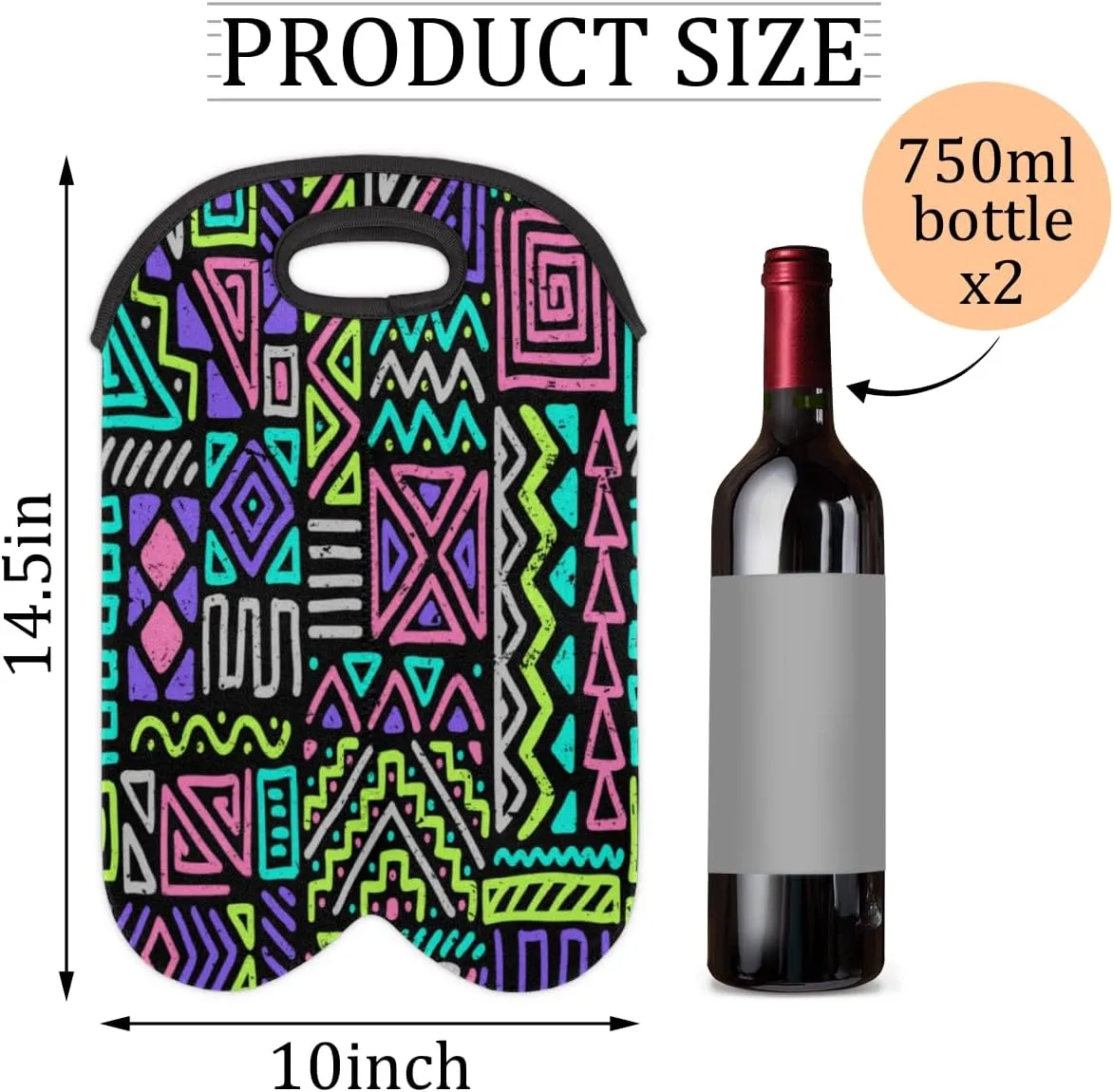 2 Bottle Wine Carrier Tote Bag Gypsy Plaid Insulated Neoprene Portable Bottle Holder Great Gift for Wine Lover, Great for Picnics Travel BYOB, Outdoor Entertaining