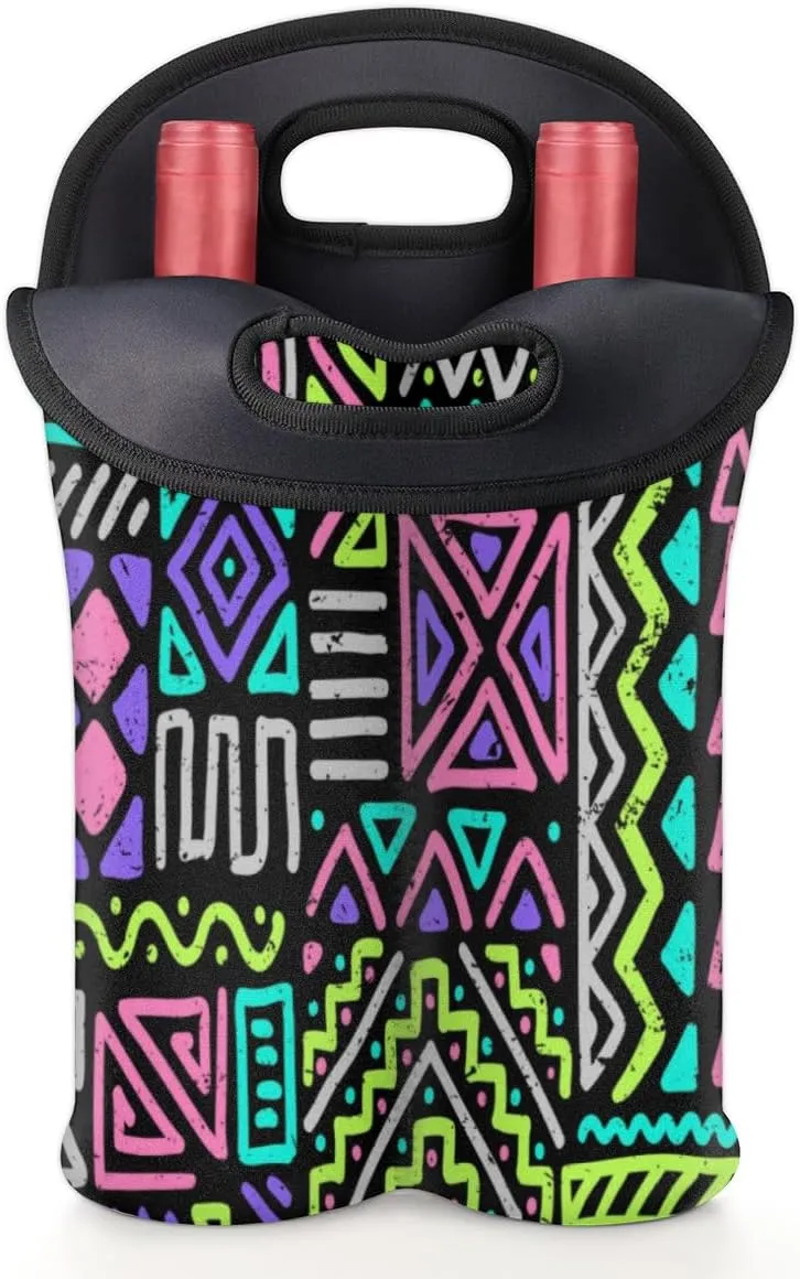 2 Bottle Wine Carrier Tote Bag Gypsy Plaid Insulated Neoprene Portable Bottle Holder Great Gift for Wine Lover, Great for Picnics Travel BYOB, Outdoor Entertaining