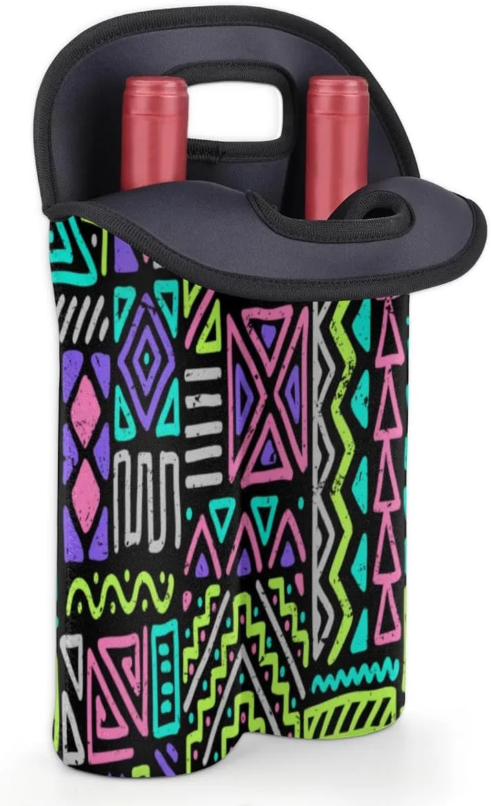 2 Bottle Wine Carrier Tote Bag Gypsy Plaid Insulated Neoprene Portable Bottle Holder Great Gift for Wine Lover, Great for Picnics Travel BYOB, Outdoor Entertaining