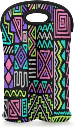 2 Bottle Wine Carrier Tote Bag Gypsy Plaid Insulated Neoprene Portable Bottle Holder Great Gift for Wine Lover, Great for Picnics Travel BYOB, Outdoor Entertaining