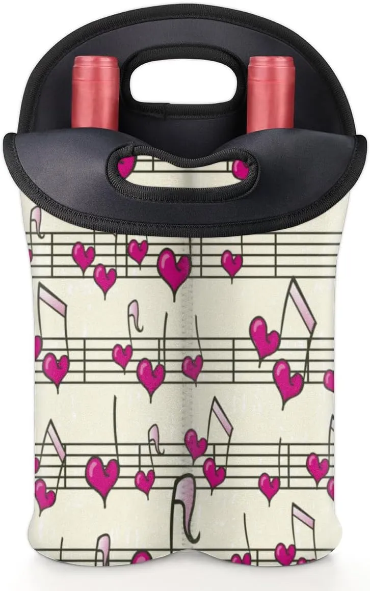 2 Bottle Wine Carrier Tote Bag Heart Music Notes Insulated Neoprene Wine Bottle Holder Portable Wine Cooler Bag with Secure Carry Handle for Travel Picnic Birthday Party