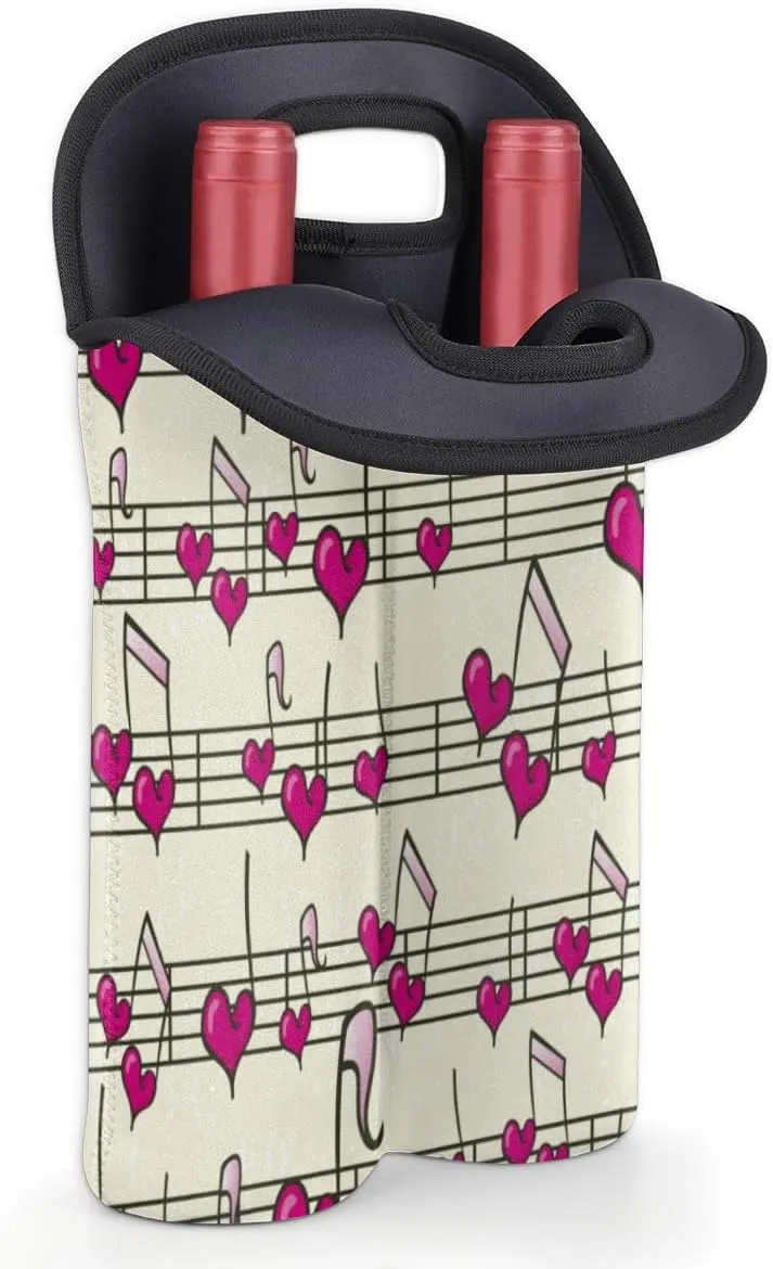 2 Bottle Wine Carrier Tote Bag Heart Music Notes Insulated Neoprene Wine Bottle Holder Portable Wine Cooler Bag with Secure Carry Handle for Travel Picnic Birthday Party