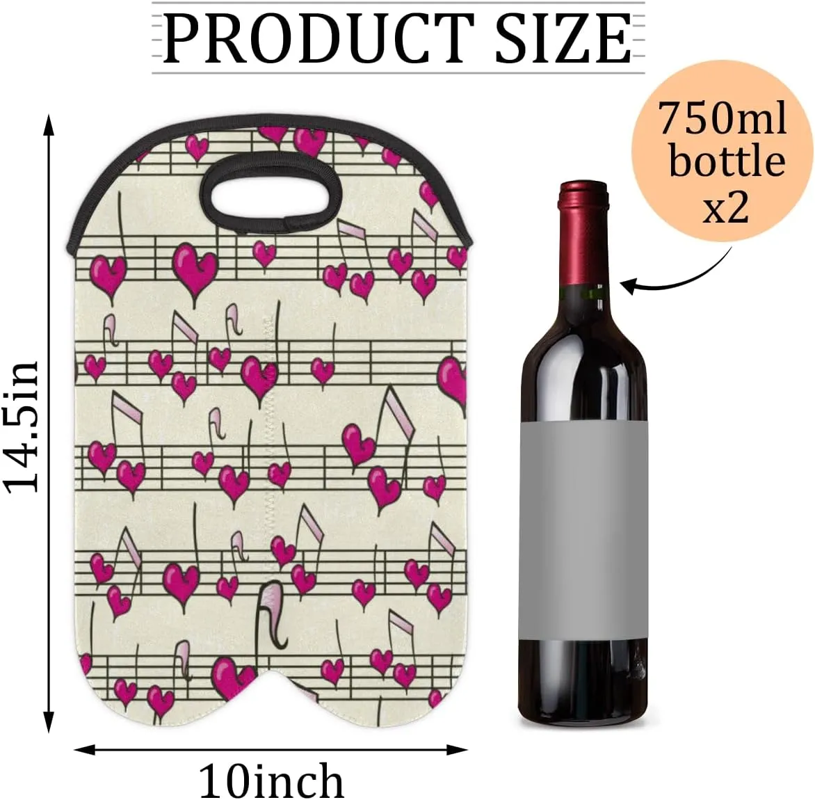 2 Bottle Wine Carrier Tote Bag Heart Music Notes Insulated Neoprene Wine Bottle Holder Portable Wine Cooler Bag with Secure Carry Handle for Travel Picnic Birthday Party