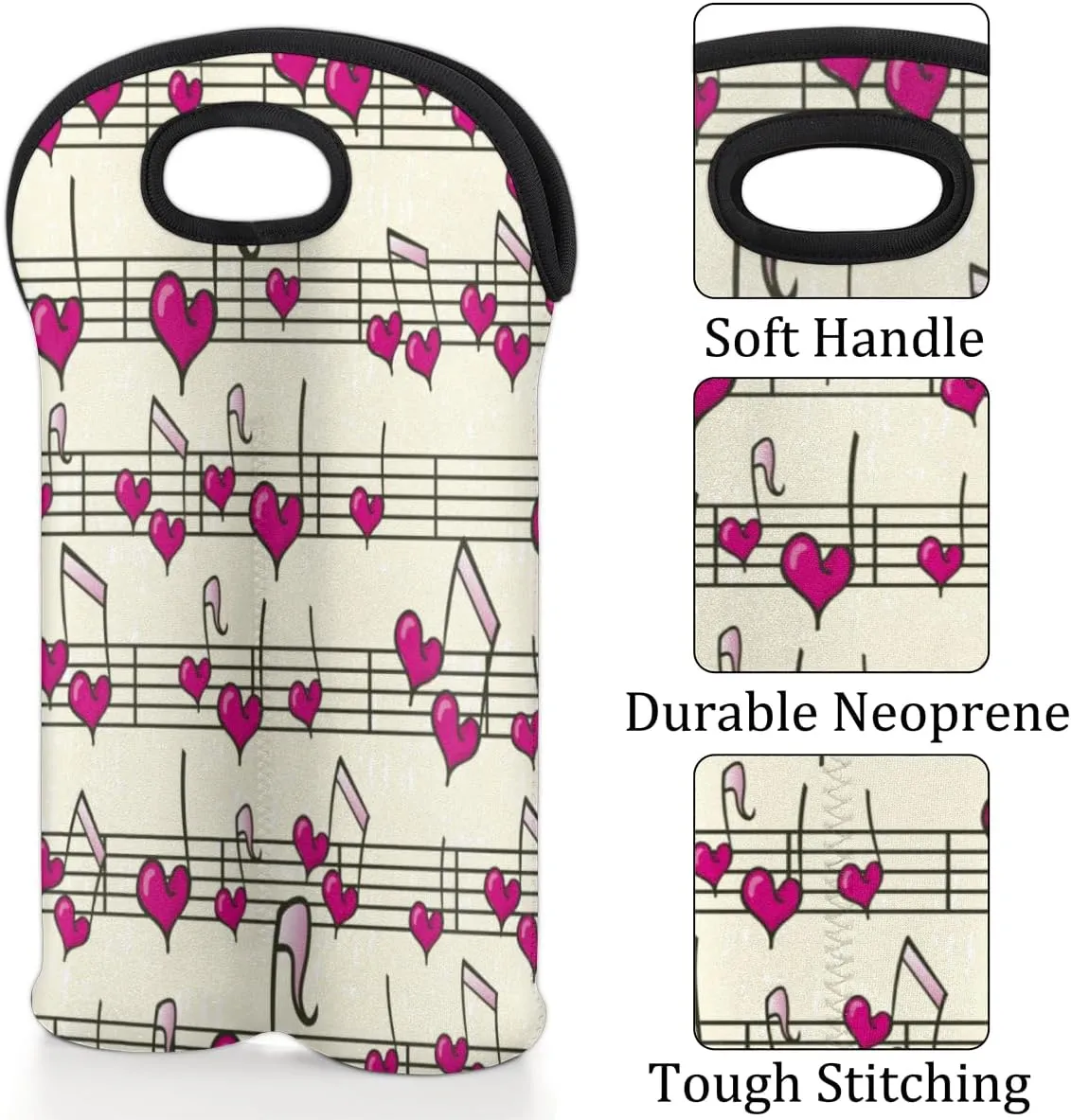 2 Bottle Wine Carrier Tote Bag Heart Music Notes Insulated Neoprene Wine Bottle Holder Portable Wine Cooler Bag with Secure Carry Handle for Travel Picnic Birthday Party