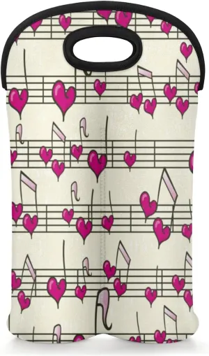 2 Bottle Wine Carrier Tote Bag Heart Music Notes Insulated Neoprene Wine Bottle Holder Portable Wine Cooler Bag with Secure Carry Handle for Travel Picnic Birthday Party