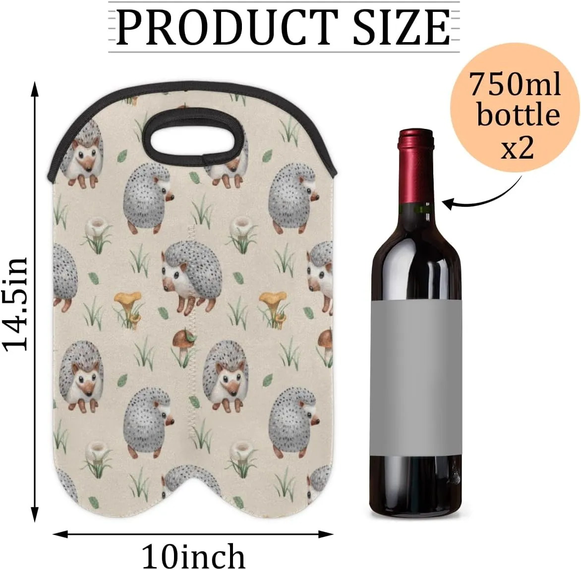 2 Bottle Wine Carrier Tote Bag Hedgehogs Insulated Neoprene Wine Bottle Holder Portable Wine Cooler Bag with Secure Carry Handle for Travel Picnic Birthday Party