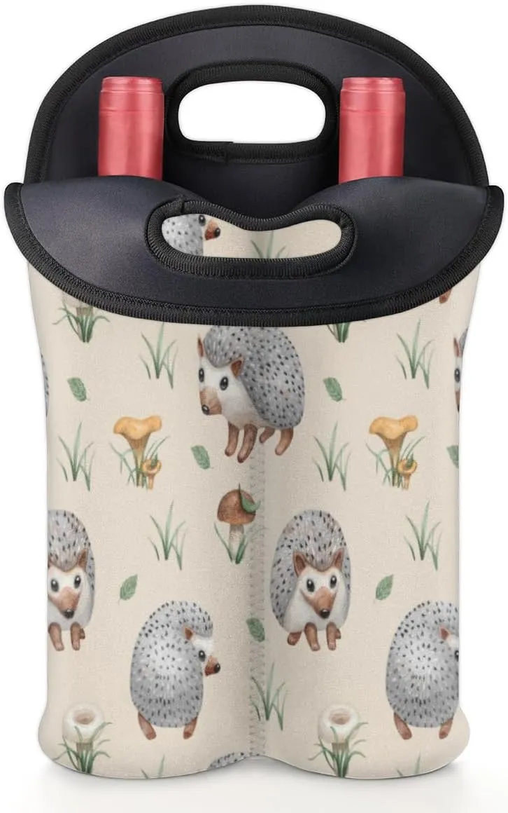2 Bottle Wine Carrier Tote Bag Hedgehogs Insulated Neoprene Wine Bottle Holder Portable Wine Cooler Bag with Secure Carry Handle for Travel Picnic Birthday Party