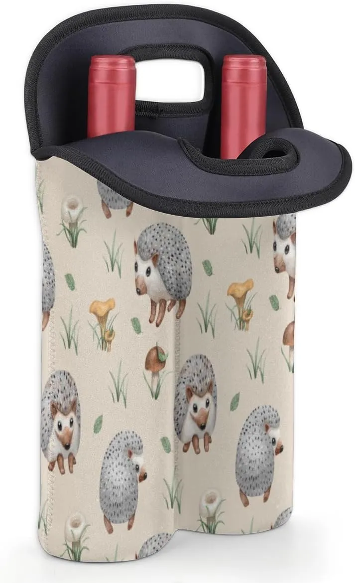 2 Bottle Wine Carrier Tote Bag Hedgehogs Insulated Neoprene Wine Bottle Holder Portable Wine Cooler Bag with Secure Carry Handle for Travel Picnic Birthday Party