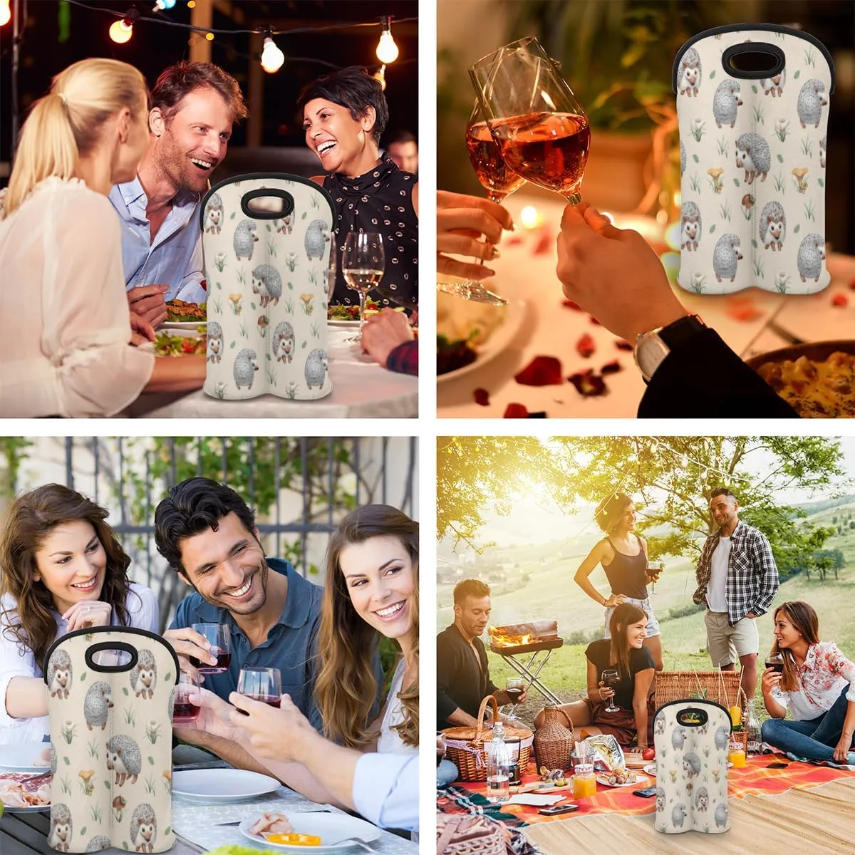 2 Bottle Wine Carrier Tote Bag Hedgehogs Insulated Neoprene Wine Bottle Holder Portable Wine Cooler Bag with Secure Carry Handle for Travel Picnic Birthday Party