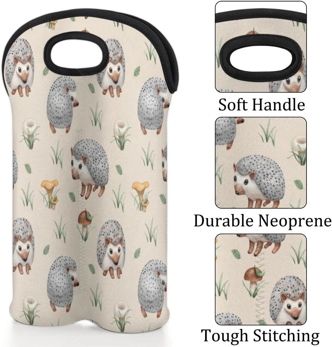 2 Bottle Wine Carrier Tote Bag Hedgehogs Insulated Neoprene Wine Bottle Holder Portable Wine Cooler Bag with Secure Carry Handle for Travel Picnic Birthday Party