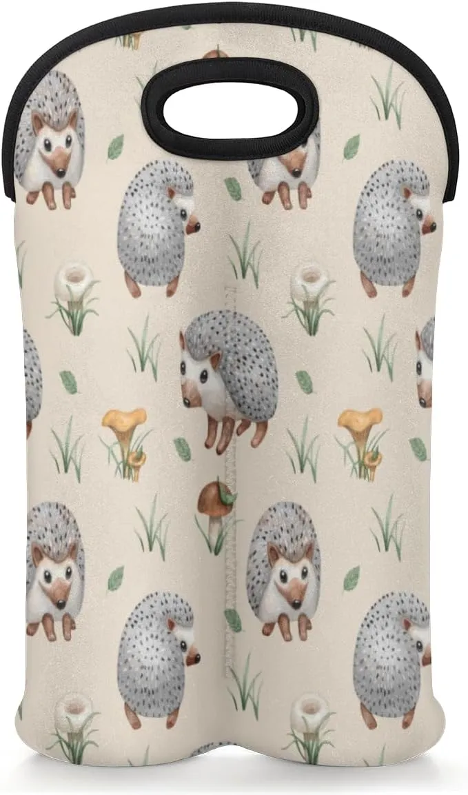2 Bottle Wine Carrier Tote Bag Hedgehogs Insulated Neoprene Wine Bottle Holder Portable Wine Cooler Bag with Secure Carry Handle for Travel Picnic Birthday Party