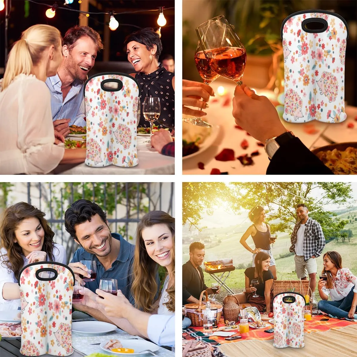 2 Bottle Wine Carrier Tote Bag Hedgehogs Pattern Insulated Neoprene Wine Bottle Holder Portable Wine Cooler Bag with Secure Carry Handle for Travel Picnic Birthday Party