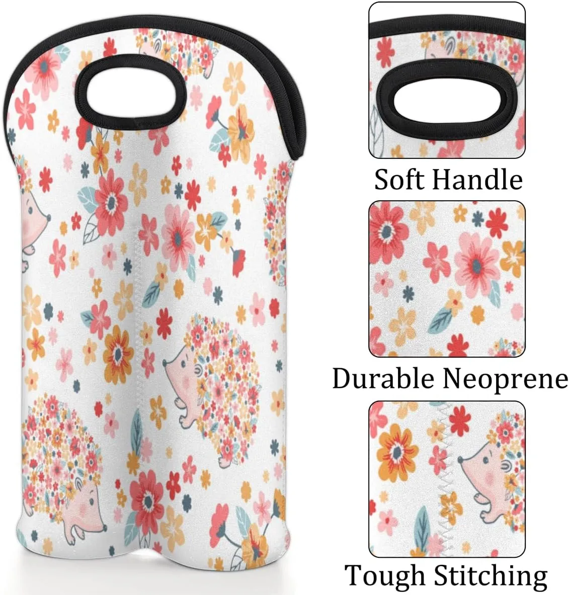 2 Bottle Wine Carrier Tote Bag Hedgehogs Pattern Insulated Neoprene Wine Bottle Holder Portable Wine Cooler Bag with Secure Carry Handle for Travel Picnic Birthday Party