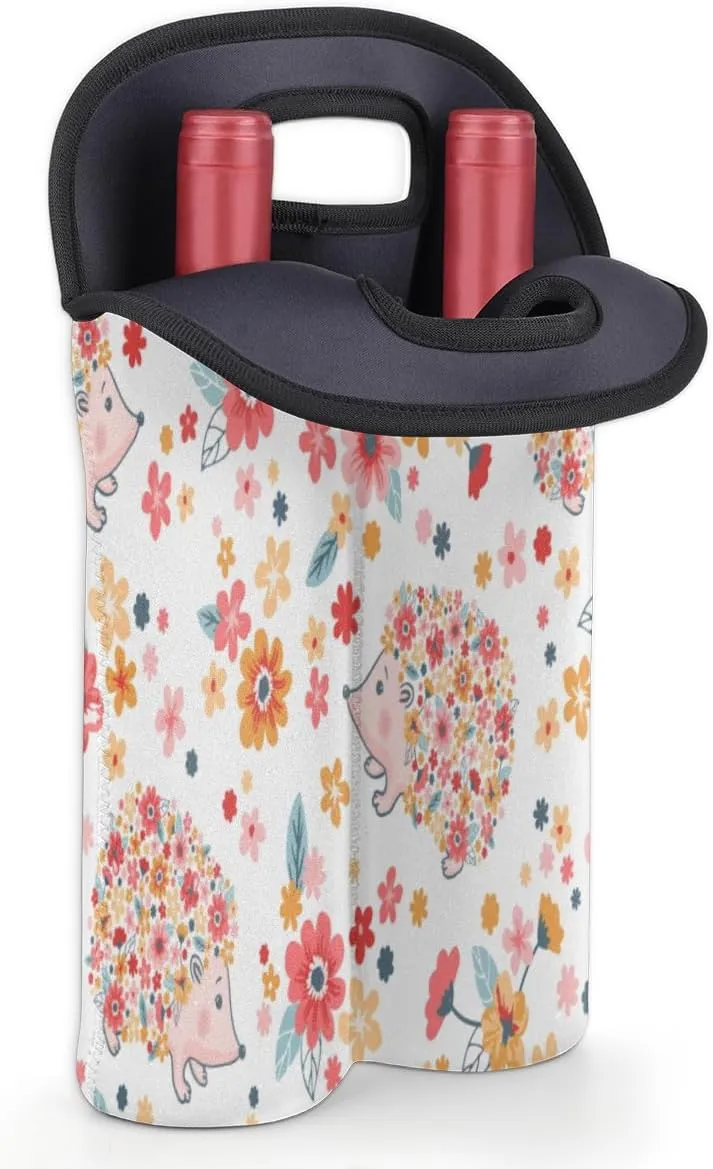2 Bottle Wine Carrier Tote Bag Hedgehogs Pattern Insulated Neoprene Wine Bottle Holder Portable Wine Cooler Bag with Secure Carry Handle for Travel Picnic Birthday Party