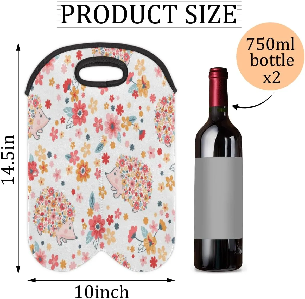 2 Bottle Wine Carrier Tote Bag Hedgehogs Pattern Insulated Neoprene Wine Bottle Holder Portable Wine Cooler Bag with Secure Carry Handle for Travel Picnic Birthday Party