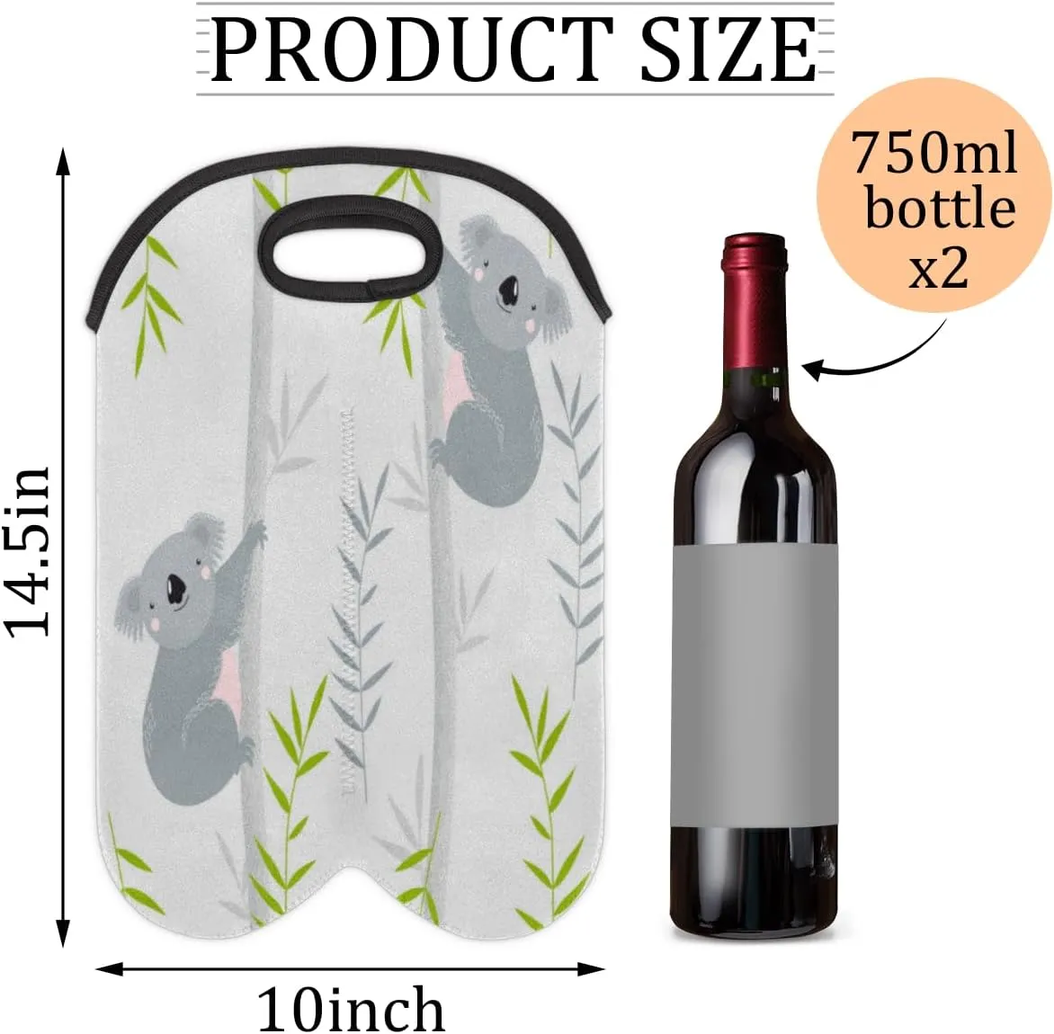 2 Bottle Wine Carrier Tote Bag Koalas Paint Insulated Neoprene Wine Bottle Holder Portable Wine Cooler Bag with Secure Carry Handle for Travel Picnic Birthday Party