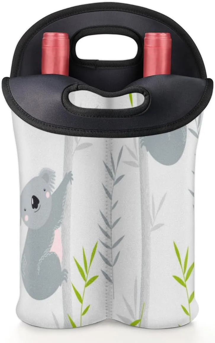 2 Bottle Wine Carrier Tote Bag Koalas Paint Insulated Neoprene Wine Bottle Holder Portable Wine Cooler Bag with Secure Carry Handle for Travel Picnic Birthday Party