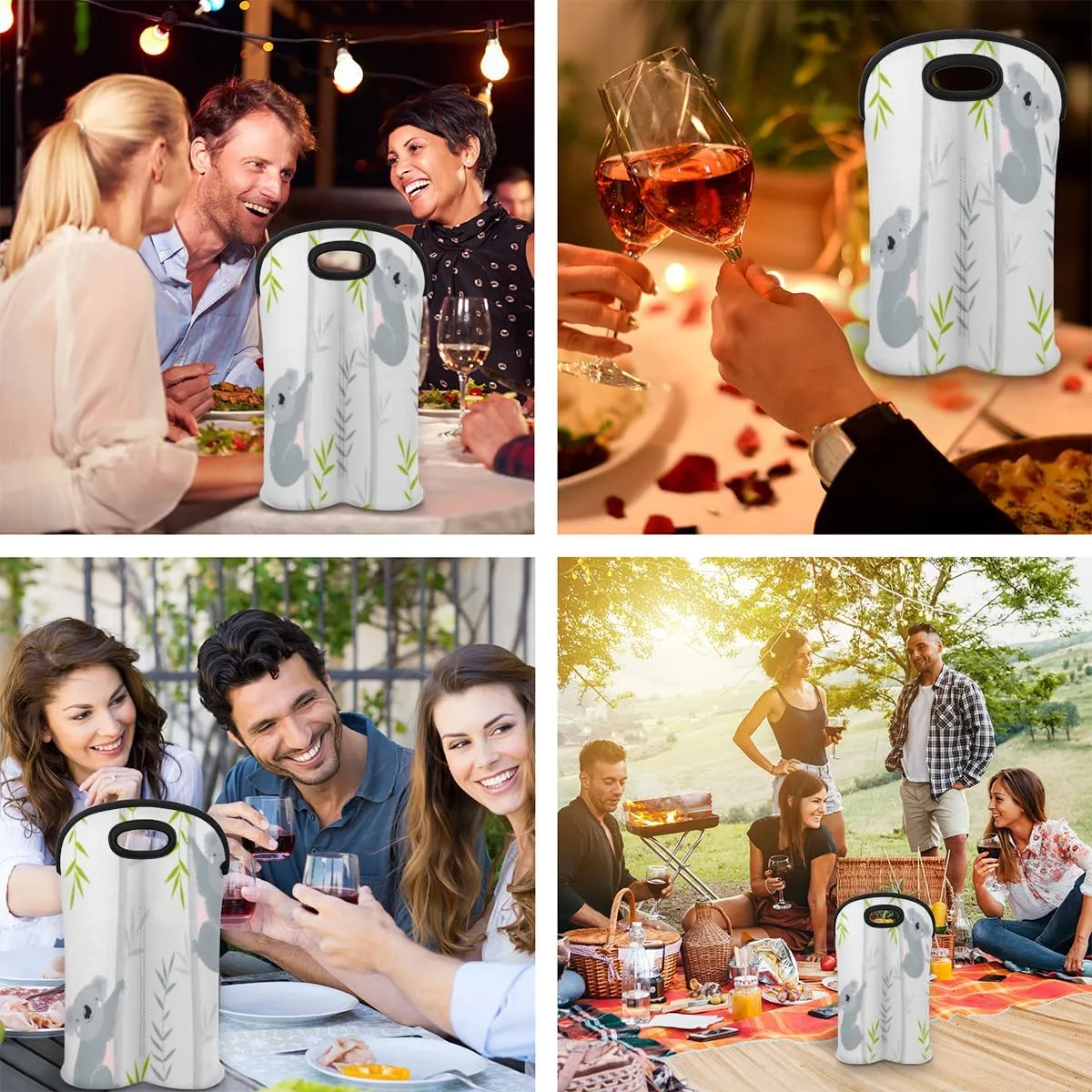 2 Bottle Wine Carrier Tote Bag Koalas Paint Insulated Neoprene Wine Bottle Holder Portable Wine Cooler Bag with Secure Carry Handle for Travel Picnic Birthday Party