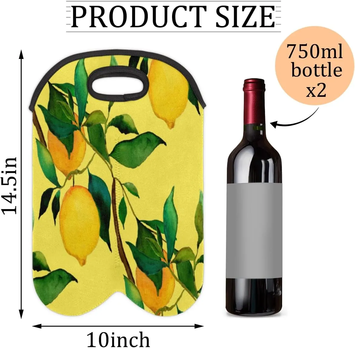 2 Bottle Wine Carrier Tote Bag Lemon Citrus Fruits Insulated Neoprene Wine Bottle Holder Portable Wine Cooler Bag with Secure Carry Handle for Travel Picnic Birthday Party