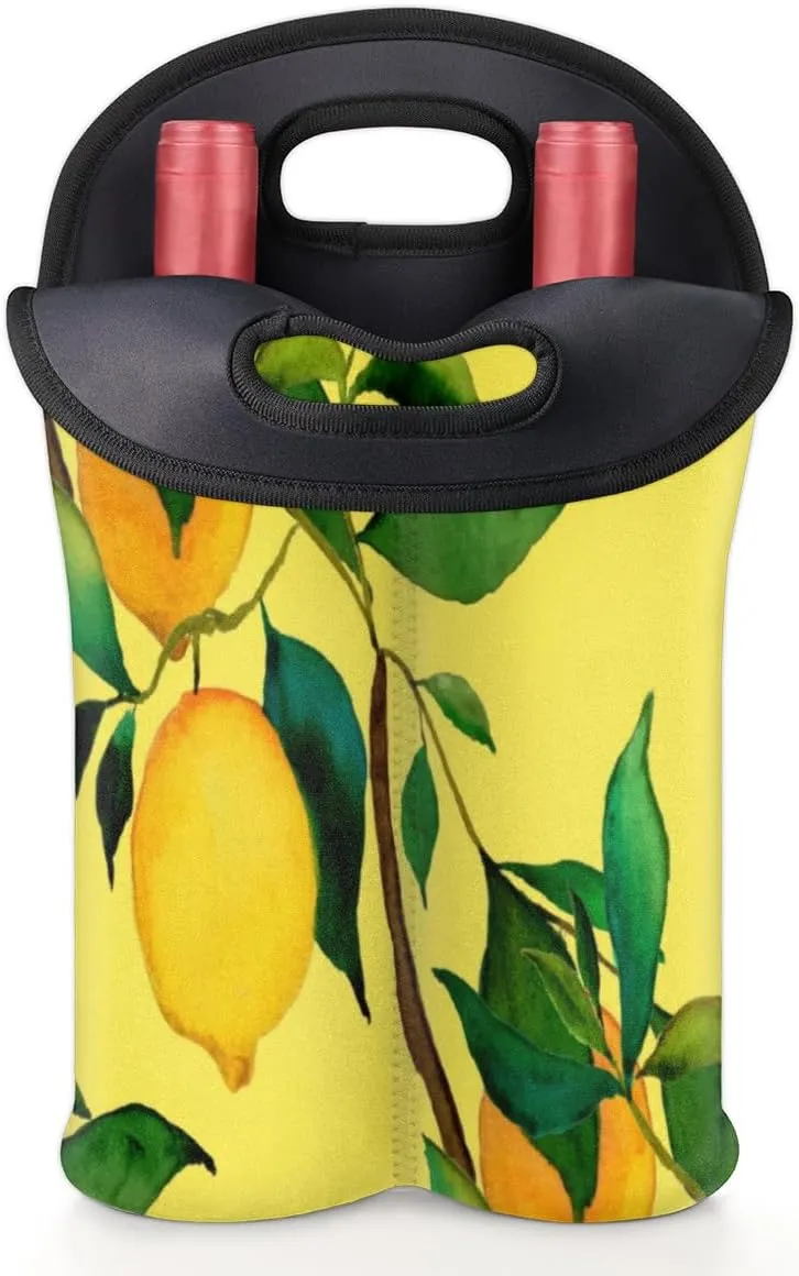 2 Bottle Wine Carrier Tote Bag Lemon Citrus Fruits Insulated Neoprene Wine Bottle Holder Portable Wine Cooler Bag with Secure Carry Handle for Travel Picnic Birthday Party