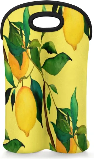 2 Bottle Wine Carrier Tote Bag Lemon Citrus Fruits Insulated Neoprene Wine Bottle Holder Portable Wine Cooler Bag with Secure Carry Handle for Travel Picnic Birthday Party
