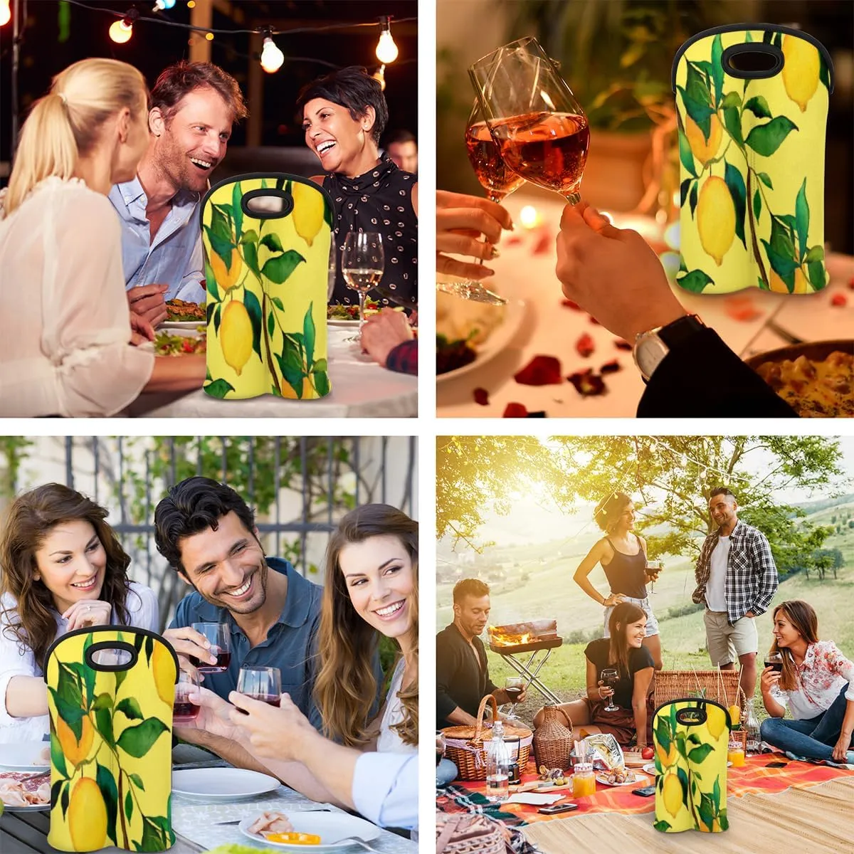 2 Bottle Wine Carrier Tote Bag Lemon Citrus Fruits Insulated Neoprene Wine Bottle Holder Portable Wine Cooler Bag with Secure Carry Handle for Travel Picnic Birthday Party