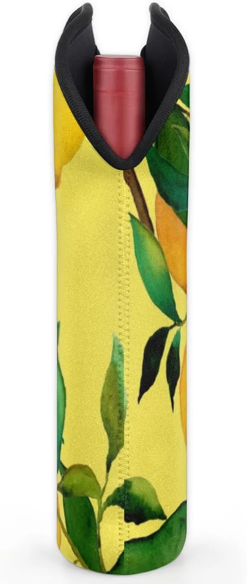 2 Bottle Wine Carrier Tote Bag Lemon Citrus Fruits Insulated Neoprene Wine Bottle Holder Portable Wine Cooler Bag with Secure Carry Handle for Travel Picnic Birthday Party