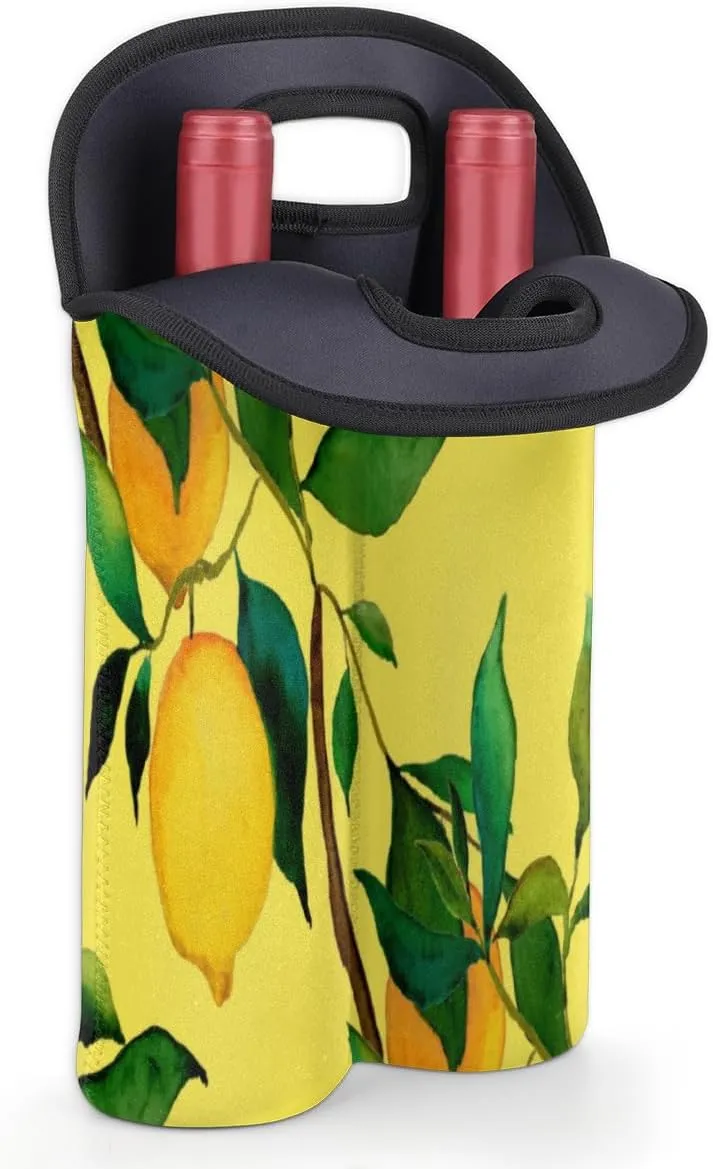 2 Bottle Wine Carrier Tote Bag Lemon Citrus Fruits Insulated Neoprene Wine Bottle Holder Portable Wine Cooler Bag with Secure Carry Handle for Travel Picnic Birthday Party