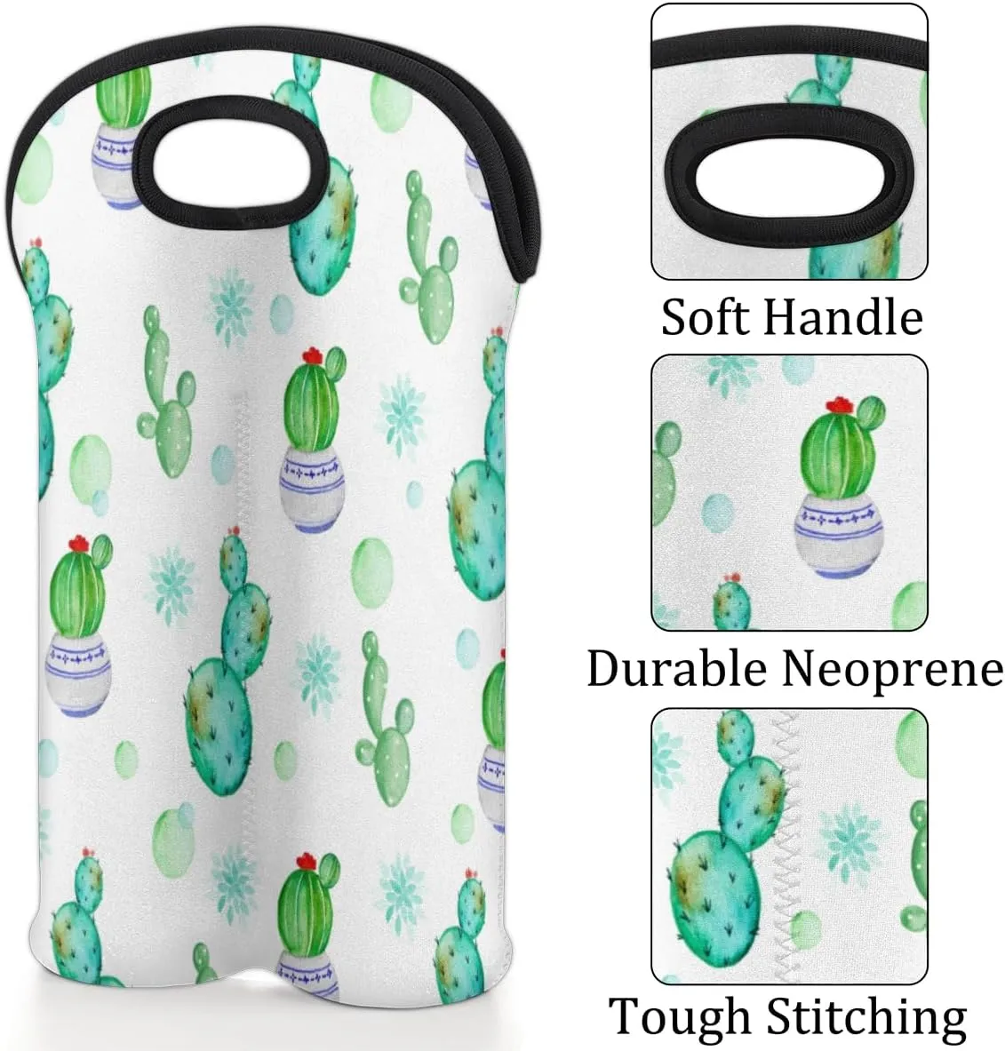 2 Bottle Wine Carrier Tote Bag Lovely Cactus Insulated Neoprene Wine Bottle Holder Portable Wine Cooler Bag with Secure Carry Handle for Travel Picnic Birthday Party