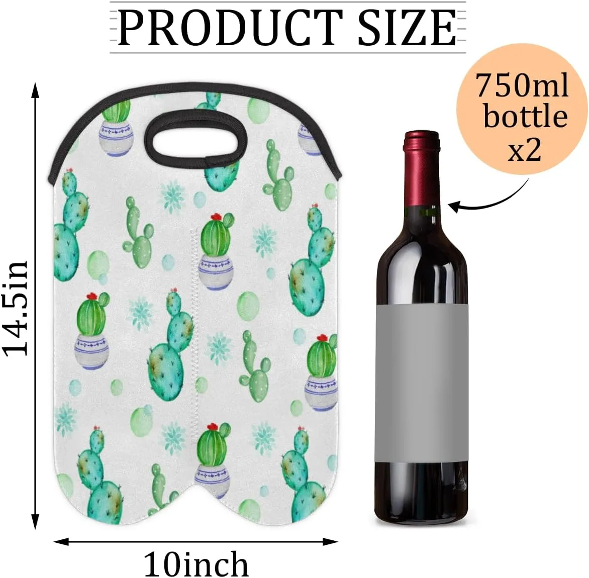 2 Bottle Wine Carrier Tote Bag Lovely Cactus Insulated Neoprene Wine Bottle Holder Portable Wine Cooler Bag with Secure Carry Handle for Travel Picnic Birthday Party